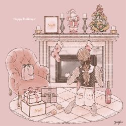 Rule 34 | 1girl, bag, black vest, blouse, bottle, bow, box, brown hair, candle, candlestand, carpet, christmas, christmas tree, couch, dress, english text, fireplace, from behind, gift, floral bow, gift box, hair bow, happy holidays, indoors, kneeling, long hair, original, pants, paper bag, picture frame, pink background, pink dress, pink theme, ponytail, red ribbon, ribbon, santa claus, shirt, shopping bag, signature, socks, solo, vest, white pants, yarn, yarn ball, yayoi (frp-y)