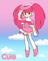 Rule 34 | 1girl, adjusting halo, bow, brown eyes, cloud, copyright name, cure, dress, english text, gloves, halo, long hair, mascot, pink bow, pink dress, pink footwear, pink hair, sen (sen69), short sleeves, smile, solo, thigh strap, thighhighs, twintails, white gloves, white thighhighs