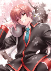 Rule 34 | 1boy, 1other, animal, animal on shoulder, cat, cherry blossoms, commentary request, green neckwear, grin, little busters!, looking to the side, male focus, natsume kyousuke, necktie, red eyes, school uniform, short hair, smile, tree, zen