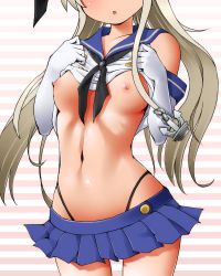 Rule 34 | 1girl, blonde hair, blush, breasts, clothes lift, commentary request, dr rex, head out of frame, kantai collection, long hair, navel, nipples, no bra, shimakaze (kancolle), shirt lift, small breasts, solo, stomach, striped, striped background