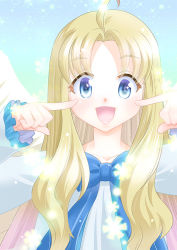 Rule 34 | 1girl, ahoge, blonde hair, blue eyes, bow, commentary request, er to cheek, eyebrows hidden by hair, fingers to cheeks, filo (tate no yuusha no nariagari), frilled sleeves, frills, long hair, long sleeves, looking at viewer, mizuki hitoshi, open mouth, parted bangs, sidelocks, smile, solo, sparkle, tate no yuusha no nariagari