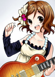 Rule 34 | 00s, 1girl, absurdres, brown eyes, brown hair, don&#039;t say &quot;lazy&quot;, dress, electric guitar, female focus, gibson les paul, guitar, highres, hirasawa yui, instrument, k-on!, mosho, plectrum, short hair, simple background, solo, white background