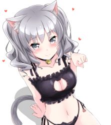 Rule 34 | 10s, 1girl, animal ears, bell, blue eyes, bra, breasts, cat cutout, cat ear panties, cat ears, cat lingerie, cleavage cutout, clothing cutout, jingle bell, kantai collection, kashima (kancolle), meme attire, navel, panties, side-tie panties, silver hair, smile, solo, tail, twintails, underwear, wavy hair, yokoshima (euphoria)