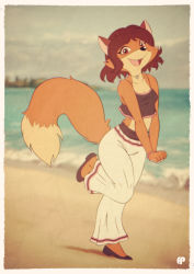 Rule 34 | 1girl, absurdres, animal ears, animal nose, artist name, bangle, bare shoulders, beach, black footwear, blurry, blurry background, body fur, border, bracelet, breasts, brown eyes, brown hair, cleavage, clenched hands, cloud, collarbone, crop top, day, fangs, female focus, fox-pop vli, fox ears, fox girl, fox tail, full body, furry, furry female, happy, heart, heart necklace, highres, jewelry, leg up, looking at viewer, matching hair/eyes, midriff, necklace, ocean, open mouth, orange fur, original, outdoors, own hands together, pants, parted bangs, pink trim, purple shirt, retro artstyle, sand, shirt, shoes, short hair, sidelocks, sky, sleeveless, sleeveless shirt, small breasts, smile, snout, solo, spaghetti strap, standing, standing on one leg, tail, two-tone fur, v arms, water, watermark, white border, white pants, yellow fur