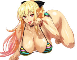 Rule 34 | 1girl, ass, bare shoulders, bikini, black bow, blonde hair, bow, bracelet, breasts, cleavage, collarbone, daraz, full body, jewelry, large breasts, long hair, looking at viewer, lying, open mouth, ponytail, red eyes, shatte judevesten, smile, solo, super robot wars, super robot wars x-omega, swimsuit