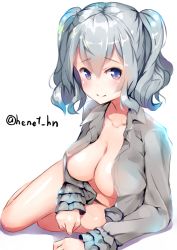 Rule 34 | 10s, 1girl, blue eyes, breasts, collarbone, grey shirt, hair between eyes, henet hene, kantai collection, kashima (kancolle), large breasts, long sleeves, no headwear, no headwear, open clothes, open shirt, shirt, short hair, silver hair, simple background, smile, solo, twitter username, two side up, white background