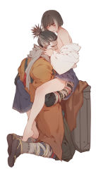 Rule 34 | 2boys, absurdres, age difference, bandages, bare shoulders, barefoot, black footwear, black hair, blue pants, brown pants, coat, commentary request, grey hair, grey scarf, hand on another&#039;s cheek, hand on another&#039;s face, hand on another&#039;s hip, highres, hug, japanese clothes, kimono, kneeling, leg lock, long sleeves, male focus, multicolored hair, multiple boys, off shoulder, orange coat, pants, pleated pants, prosthesis, prosthetic arm, sandals, scarf, sekiro: shadows die twice, short hair, simple background, sitting, topknot, torn clothes, torn coat, two-tone hair, vetania, white background, white kimono, wide sleeves, yaoi