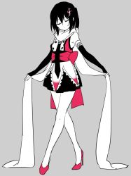 Rule 34 | 10s, 1girl, bare legs, bare shoulders, closed eyes, curtsey, elbow gloves, female focus, frills, full body, gloves, grey background, hair ornament, hairpin, high heels, holding, ica, kantai collection, limited palette, monochrome, necktie, no legwear, no socks, sash, scarf, sendai (kancolle), sendai kai ni (kancolle), simple background, skirt, sleeveless, solo, spot color, standing, twintails, two side up