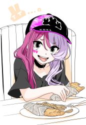 Rule 34 | #compass, 1girl, absurdres, animal print, arm support, baseball cap, black shirt, chair, choker, collarbone, commentary request, crossed arms, crumbs, drill hair, drill sidelocks, eating, facial mark, fish (food), fish and chips, food, fork, grey eyes, grin, hat, heart, heart facial mark, highres, holding, holding food, leaning forward, light purple hair, long hair, looking at viewer, megumegu, multicolored hair, newspaper, pink hair, plate, poaro, potato wedges, rabbit print, shirt, sidelocks, simple background, sitting, smile, solo, studded hat, t-shirt, table, tongue, tongue out, two-tone hair, white background, wooden chair