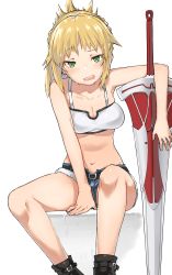 Rule 34 | bikini, bikini top only, blonde hair, bra strap, braid, breasts, clarent (fate), cleavage, denim, fate/apocrypha, fate (series), green eyes, head tilt, highres, kei (soundcross), midriff, mordred (fate), mordred (fate/apocrypha), mordred (memories at trifas) (fate), no panties, short shorts, shorts, simple background, sitting, solo, stomach, swimsuit, sword, weapon, white background, white bikini