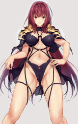 Rule 34 | 1girl, adapted costume, armor, black bra, black panties, blush, bra, breasts, cameltoe, capelet, clothes lift, commentary request, expressionless, fate/grand order, fate (series), gluteal fold, hand on own hip, highleg, highleg panties, highres, jilllxlxl, large breasts, lifted by self, long hair, looking at viewer, navel, panties, partially visible vulva, pauldrons, purple hair, red eyes, scathach (fate), shiny skin, shoulder armor, simple background, solo, underwear, very long hair, white background