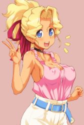 Rule 34 | 1girl, belt, black choker, blonde hair, blue belt, blue eyes, breasts, brown background, choker, clenched hand, commentary request, covered erect nipples, dark-skinned female, dark skin, hagiya masakage, hair intakes, hair ribbon, high-waist pants, highres, kuramitsu mihoshi, large breasts, looking at viewer, medium hair, notice lines, open mouth, pants, pointy ears, ponytail, purple shirt, red ribbon, ribbon, shirt, simple background, smile, solo, standing, tank top, tenchi muyou!, w, white background, white pants