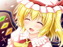 Rule 34 | 1girl, :d, ascot, aura, blonde hair, blush, commentary request, crystal, facing viewer, fang, flandre scarlet, frilled shirt collar, frills, gradient background, hair between eyes, hat, hat ribbon, mob cap, nagana sayui, open mouth, petals, puffy short sleeves, puffy sleeves, red vest, ribbon, shirt, short hair, short sleeves, side ponytail, smile, solo, touhou, upper body, vest, white hat, white shirt, wings, yellow ascot