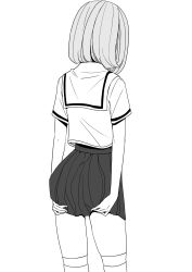 Rule 34 | 1girl, arms at sides, ass support, copyright request, facing away, from behind, h2o (ddks2923), highres, medium hair, over-kneehighs, pleated skirt, sailor collar, shirt, skindentation, skirt, standing, thighhighs