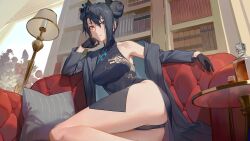 Rule 34 | 1girl, absurdres, agent (girls&#039; frontline), black gloves, black hair, black panties, blue archive, book, bookshelf, bottle, breasts, butterfly hair ornament, china dress, chinese clothes, commission, cosplay, couch, double bun, dragon print, dress, girls&#039; frontline, gloves, hair bun, hair ornament, highres, indoors, jacket, kisaki (blue archive), kisaki (blue archive) (cosplay), lamp, looking at viewer, medium breasts, on couch, panties, pelvic curtain, pillow, pinstripe jacket, pinstripe pattern, pixiv commission, print dress, ren huozhe, sangvis ferri, solo, striped clothes, striped jacket, table, underwear, vertical-striped clothes, vertical-striped jacket, yellow eyes