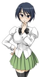 Rule 34 | 10s, 1girl, black eyes, black hair, black thighhighs, breasts, cowboy shot, deaf, glasses, hakamichi shizune, hand on own chin, hand on own hip, highres, hip focus, katawa shoujo, large breasts, pakrin, puffy sleeves, school uniform, short hair, simple background, skirt, smile, solo, stroking own chin, thighhighs, white background, zettai ryouiki