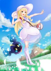 Rule 34 | 1girl, absurdres, arm up, armpits, bad id, bad pixiv id, bag, bare shoulders, blonde hair, blue footwear, blue sky, blunt bangs, braid, breasts, cloud, collared dress, cosmog, creatures (company), day, dress, duffel bag, dutch angle, flower, full body, game freak, gen 7 pokemon, grass, green eyes, hat, highres, kneehighs, legendary pokemon, lillie (pokemon), long hair, looking at viewer, miyoshi yoshimi, nintendo, open mouth, outdoors, outstretched arm, palm tree, petals, poke ball theme, pokemon, pokemon (creature), pokemon sm, see-through, shoes, sky, sleeveless, sleeveless dress, small breasts, socks, standing, sun hat, sundress, teeth, tree, twin braids, volcano, white dress, white hat, white socks, wind