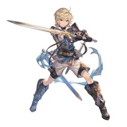 Rule 34 | 1boy, armor, arthur (granblue fantasy), blonde hair, full body, granblue fantasy, greaves, holding, holding sword, holding weapon, looking at viewer, male focus, minaba hideo, official art, order of the white dragon uniform, red eyes, shorts, solo, sword, transparent background, weapon
