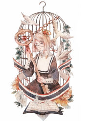 Rule 34 | 1girl, banner, bird, birdcage, black-framed eyewear, black dress, black sleeves, blonde hair, blue eyes, blunt ends, book, buttons, cage, chain, chinese commentary, collar, collared shirt, commentary request, cowboy shot, crown, crystal, dress, glasses, gold chain, highres, holding, holding key, huangpi sang, key, leaf, long sleeves, looking ahead, mini crown, open book, original, oversized object, painting (medium), parted lips, plant, puffy long sleeves, puffy sleeves, red headwear, red lips, round eyewear, shirt, short hair, simple background, solo, traditional media, vines, watercolor (medium), white background, white bird, white collar