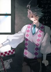 Rule 34 | 1boy, :d, aged down, ahoge, argyle, argyle clothes, argyle sweater vest, brown pants, collared shirt, commentary request, facial mark, fate/grand order, fate (series), feet out of frame, grey hair, highres, houndstooth, james moriarty (archer) (fate), james moriarty (ruler) (fate), light particles, long sleeves, looking at viewer, male focus, necktie, open mouth, pants, ruler, shirt, short hair, smile, solo, striped clothes, striped pants, sweater vest, teria (teriarian), text background, vertical-striped clothes, vertical-striped pants, white shirt