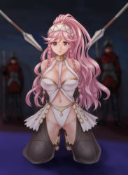 Rule 34 | 1girl, 2boys, armlet, arms behind back, bare shoulders, blurry, blurry background, braid, breasts, choker, cleavage, collarbone, dancer, depth of field, fire emblem, fire emblem awakening, groin, hairband, hazuki (nyorosuke), highres, kneeling, large breasts, long hair, midriff, multiple boys, navel, nintendo, olivia (fire emblem), pink hair, polearm, purple eyes, restrained, revealing clothes, see-through, solo focus, spear, thighhighs, twin braids, weapon
