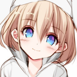 Rule 34 | 1girl, bad id, bad pixiv id, blonde hair, blush, blush stickers, closed mouth, commentary, ears visible through hair, hair between eyes, highres, looking at viewer, misteor, multicolored eyes, original, shirt, short hair, smile, solo, white background, white shirt