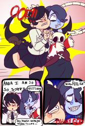 Rule 34 | 2girls, blue skin, colored skin, comic, english text, filia (skullgirls), highres, leviathan (skullgirls), multiple girls, necktie, pun, samson (skullgirls), skirt, skull, skullgirls, squigly (skullgirls), stitched mouth, stitches, text focus, thighhighs, zombie