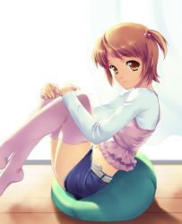 Rule 34 | 1girl, belt, brown eyes, brown hair, frills, from side, hands on own knees, indoors, legs up, light smile, long sleeves, looking at viewer, looking to the side, midriff, mifumi takafumi, miniskirt, navel, original, pencil skirt, pink thighhighs, short hair, sitting, skirt, solo, thighhighs, two side up, zettai ryouiki