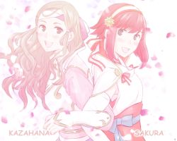 Rule 34 | 2girls, back-to-back, blush, brown eyes, brown hair, capelet, character name, female focus, fire emblem, fire emblem fates, hairband, hana (fire emblem), headband, long hair, multiple girls, nintendo, open mouth, pale color, petals, pink hair, sakura (fire emblem), simple background, tico, wavy hair, white background