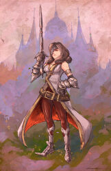 Rule 34 | 1girl, armor, armored boots, asymmetrical hair, bare shoulders, beatrix (ff9), belt, boots, breasts, brown hair, brown pantyhose, closed mouth, dress, eyepatch, final fantasy, final fantasy ix, full body, gauntlets, holding, holding weapon, loose belt, medium breasts, pantyhose, rousteinire, sleeveless, sleeveless dress, solo, standing, sword, weapon