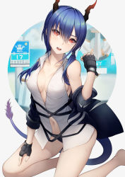 Rule 34 | 1girl, arknights, bare legs, bare shoulders, barefoot, black gloves, black jacket, blue hair, breasts, ch&#039;en (arknights), commentary request, dragon horns, dragon tail, fingerless gloves, gloves, grey background, hair between eyes, hand up, head tilt, horns, jacket, kneeling, kyoeiki, long hair, looking at viewer, low twintails, medium breasts, navel, off shoulder, open clothes, open jacket, open mouth, partial commentary, red eyes, shirt, sleeveless, sleeveless shirt, solo, tail, thighs, twintails, white shirt