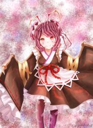 Rule 34 | 1girl, absurdres, antennae, apron, arthropod girl, artist name, breasts, brown kimono, collarbone, commentary request, dated, double bun, entoma vasilissa zeta, extra pupils, fangs, feet out of frame, hair bun, highres, japanese clothes, kimono, light blush, looking at viewer, maid, maid headdress, medium breasts, monster girl, ofuda, ofuda on clothes, outstretched arms, overlord (maruyama), pantyhose, purple hair, purple pantyhose, purple ribbon, red eyes, ribbon, ringed eyes, short hair, skin fangs, sleeves past wrists, smile, solo, white apron, wide sleeves, yuyumi (yuurei)