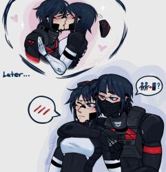 Rule 34 | 2girls, absurdres, android, black hair, blue eyes, blush, closed eyes, couple, embarrassed, eule (signalis), french kiss, height difference, highres, homuijunketsu, humanoid robot, kiss, mechanical parts, multiple girls, robot, robot girl, signalis, star (signalis), tall female, yuri
