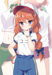 Rule 34 | 3girls, baseball cap, black shorts, blue bow, blue shorts, blush, bow, braid, breasts, brown hair, chieru (princess connect!), chieru (school festival) (princess connect!), chloe (princess connect!), chloe (school festival) (princess connect!), closed mouth, clothes around waist, commentary request, green jacket, gym shirt, gym uniform, hair between eyes, hair bow, hand on own hip, hand up, hat, high-waist shorts, jacket, jacket around waist, long hair, mauve, medium breasts, midriff, multiple girls, name tag, navel, open clothes, open jacket, pink jacket, plaid, plaid bow, princess connect!, puffy short sleeves, puffy sleeves, purple eyes, red shorts, shirt, short shorts, short sleeves, shorts, simple background, smile, solo focus, tied shirt, twin braids, twintails, very long hair, white background, white headwear, white shirt, yuni (princess connect!), yuni (school festival) (princess connect!)