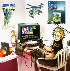 Rule 34 | 1980s (style), 1boy, aircraft, black gloves, blonde hair, blue eyes, box art, chair, child, creator connection, desk lamp, eli (metal gear), feet on table, fourth wall, gloves, gunship, helicopter, helicopter gunship, konami, lamp, liquid snake, male focus, mecha, meme, metal gear (msx), metal gear (series), metal gear 2: solid snake, metal gear d, metal gear solid v: the phantom pain, mi-24, microcomputer, mika slayton, mil mi-24, missile launcher, missile pod, msx, msx2, multiple rocket launcher, nintendo kid, oldschool, parody, pixelated, playing games, poster (object), promotional art, real life, retro artstyle, robot, rocket launcher, rocket pod, short hair, shorts, sitting, snatcher, solo, spoilers, thumbs up, trophy, video game, voodoothur, walker (robot), weapon