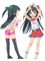 Rule 34 | 1girl, :d, arm warmers, arms up, bandeau, bare shoulders, barefoot, belt, belt buckle, black hair, black thighhighs, blue belt, blush, bow, breasts, buckle, closed mouth, commentary request, green eyes, green ribbon, hair bow, hair ribbon, kimagure blue, long hair, looking at viewer, midriff, multiple views, navel, no shoes, open mouth, original, pink bow, pink shorts, pleated skirt, profile, red bow, red skirt, ribbon, shirt, short shorts, shorts, simple background, skirt, sleeveless, sleeveless shirt, small breasts, smile, strapless, striped, thighhighs, two side up, very long hair, white background, white shirt