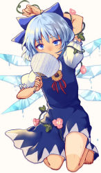 Rule 34 | 1girl, arm behind head, barefoot, blue dress, blue eyes, blue hair, cirno, dress, hand fan, flower, full body, hidden star in four seasons, ice, ice wings, kneeling, looking at viewer, melting, plant, puffy short sleeves, puffy sleeves, red ribbon, ribbon, short hair, short sleeves, solo, sunflowe, sunflower, sweat, tan, tanline, tanned cirno, touhou, uneven eyes, uranaishi (miraura), vines, wings