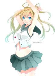 Rule 34 | 10s, 1girl, :d, absurdres, abukuma (kancolle), armpits, arms up, bad id, bad pixiv id, blonde hair, blue eyes, body blush, breasts, cowboy shot, crop top, crop top overhang, dated, highres, kantai collection, long hair, midriff, miniskirt, navel, open mouth, pleated skirt, school uniform, serafuku, simple background, skirt, sleeveless, smile, solo, tebi (tbd11), twintails, white background