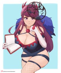 Rule 34 | 1girl, black cape, book, breasts, cape, daymandraws, dress, fascinator, fire emblem, fire emblem engage, fishnet thighhighs, fishnets, flower, gloves, highres, holding, holding book, ivy (fire emblem), large breasts, long hair, looking at viewer, nintendo, princess, purple dress, purple hair, red flower, red rose, rose, spikes, thighhighs, white gloves, wide hips