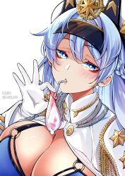 Rule 34 | 1girl, absurdres, blue bra, blue hair, bra, breasts, cleavage, condom, cum, cum in mouth, drinking from condom, epaulettes, goddess of victory: nikke, gokkun, gold choker, hat, helm, helm (nikke), helmet, highres, large breasts, light blue hair, long xue, looking at viewer, military, military hat, military uniform, open clothes, peaked cap, simple background, underwear, uniform, upper body, used condom, white background, white hat