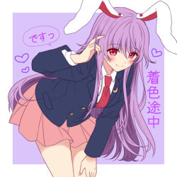Rule 34 | 1girl, animal ears, arm up, bent over, black socks, blazer, blush, border, box, breasts, buttons, collared shirt, commentary request, crescent, crescent pin, fingernails, hand on own thigh, heart, jacket, knees, light purple hair, long hair, long sleeves, looking at viewer, medium breasts, miniskirt, necktie, okawa friend, open mouth, outside border, pink skirt, pleated skirt, pocket, rabbit ears, red eyes, red necktie, reisen udongein inaba, shirt, skirt, smile, socks, solo, standing, suit jacket, touhou, translation request, white shirt, wing collar