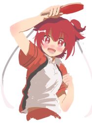 Rule 34 | 1girl, arm up, blush, bone hair ornament, clenched hand, collared shirt, cropped torso, elbow blush, hair ornament, hair ribbon, holding, holding paddle, maple mutuki, midriff peek, nose blush, paddle, pants, raised eyebrows, red eyes, red hair, red pants, ribbon, shakunetsu no takkyuu musume, shirt, short hair, short sleeves, short twintails, simple background, solo, sweat, table tennis paddle, tsumujikaze koyori, twintails, white background, white ribbon