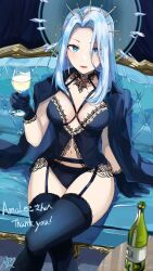 Rule 34 | 1girl, alcohol, artist request, black choker, black gloves, black panties, black thighhighs, blue eyes, bottle, breasts, choker, couch, crossed legs, cup, drinking glass, forehead, garter belt, gift art, gloves, hair ornament, hand up, highres, holding, holding cup, indie virtual youtuber, lace trim, lingerie, long hair, looking at viewer, medium breasts, monarch (amalee), navel, on shoulder, panties, parted lips, shirt on shoulders, signature, sitting, solo, table, thank you, thighhighs, thighs, tiara, underwear, virtual youtuber, white hair
