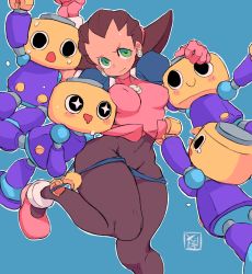 Rule 34 | + +, 1girl, 4boys, absurdres, arm up, arms up, artist name, black eyes, blue background, blue shorts, blush, blush stickers, bodystocking, breasts, brown hair, closed mouth, clothes lift, clothes pull, covered erect nipples, covered navel, drooling, earrings, forehead, from above, gloves, green eyes, hair slicked back, hairband, hand on another&#039;s head, hand up, happy, highres, humanoid robot, jewelry, knees together feet apart, lifting another&#039;s clothes, looking at another, looking at viewer, lying, medium breasts, mega man (series), mega man legends (series), micro shorts, multiple boys, necklace, on back, on stomach, open mouth, outline, pink footwear, pink gloves, pink hairband, pink shirt, puffy short sleeves, puffy sleeves, pulling another&#039;s clothes, robot, servbot (mega man), shirt, shirt lift, shoes, short hair, short sleeves, shorts, shorts pull, signature, simple background, skull, skull earrings, skull necklace, smile, solo focus, starmilk, sweat, tears, thick thighs, thighs, tron bonne (mega man), white outline, wide hips