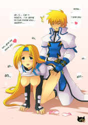 Rule 34 | 1boy, 1girl, all fours, arc system works, artist name, ayb, blonde hair, breasts, clothed sex, condom, cum, cum in pussy, doggystyle, english text, full body, gradient background, guilty gear, hetero, kneeling, ky kiske, long hair, millia rage, nipples, pointless condom, sex, sex from behind, text focus, used condom, very long hair