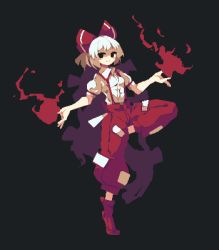 Rule 34 | 1girl, 4qw5, black background, black eyes, bow, collared shirt, fire, fujiwara no mokou, full body, hair bow, highres, long hair, looking at viewer, ofuda, ofuda on clothes, pants, red bow, red footwear, red pants, shirt, short sleeves, simple background, solo, touhou, very long hair, white shirt
