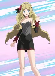 Rule 34 | 1girl, bare legs, black skirt, black sleeves, blonde hair, blue eyes, breasts, caitlin (fall 2021) (pokemon), caitlin (pokemon), cleavage, collarbone, covered navel, creatures (company), d:, detached sleeves, floating hair, game freak, grey hairband, grey shirt, hairband, highres, long hair, long sleeves, looking at viewer, miniskirt, multicolored sleeves, nail polish, nintendo, open mouth, parted bangs, pencil skirt, pokemon, pokemon masters ex, red nails, red sleeves, shirt, skirt, small breasts, solo, standing, strapless, strapless shirt, tsukishiro saika, very long hair