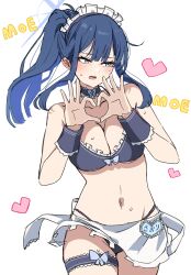 Rule 34 | 1girl, absurdres, alternate costume, ao12073010, black hair, blue archive, blue eyes, blue halo, bra, breasts, choker, frilled bra, frilled choker, frills, halo, heart, heart hands, highres, long hair, medium breasts, midriff, moe moe kyun!, navel, saori (blue archive), solo, stomach, thigh strap, underwear, unfinished, wrist cuffs