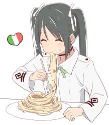 Rule 34 | 1girl, black hair, blush, closed mouth, eating, food, food on face, fork, francesca lucchini, hair ribbon, heart, italian flag, long hair, long sleeves, momiji7728, neck ribbon, pasta, ribbon, solo, spaghetti, strike witches, twintails, world witches series