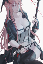 Rule 34 | 1girl, absurdres, anti-materiel rifle, barrett m82, black jacket, black thighhighs, breasts, cleavage, closed mouth, codex207, collarbone, girls&#039; frontline, gun, highres, holding, holding weapon, jacket, long hair, looking at viewer, m82a1 (girls&#039; frontline), medium breasts, nail polish, pink eyes, pink hair, pink nails, rifle, sitting, sniper rifle, solo, thighhighs, weapon, white background
